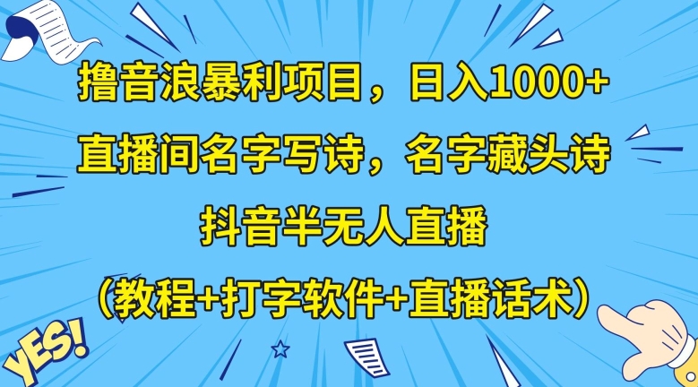 撸音浪暴利项目，日入1000+，直播间名字写诗，名字藏头诗，抖音半无人直播（教程+打字软件+直播话术）【揭秘】-第一资源库