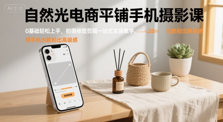 自然光电商平铺手机摄影课，0基础轻松上手，拍摄修图剪辑一站式实操教学，用手机也能拍出高级感-第一资源库