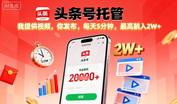 【头条号托管】我提供视频，你发布，每天5分钟，最高躺入2W+【揭秘】-第一资源库