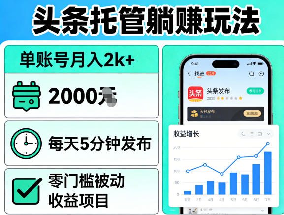 头条托管躺賺玩法，单账号月入2k+，每天5分钟发布即可，零门槛被动收益项目【揭秘】-第一资源库