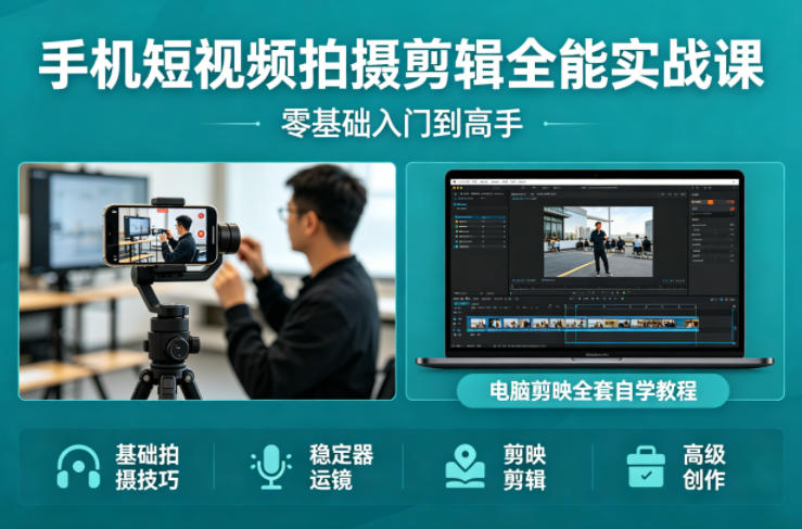 手机短视频拍摄剪辑全能实战课：零基础入门到高手，稳定器运镜+电脑剪映全套自学教程-第一资源库