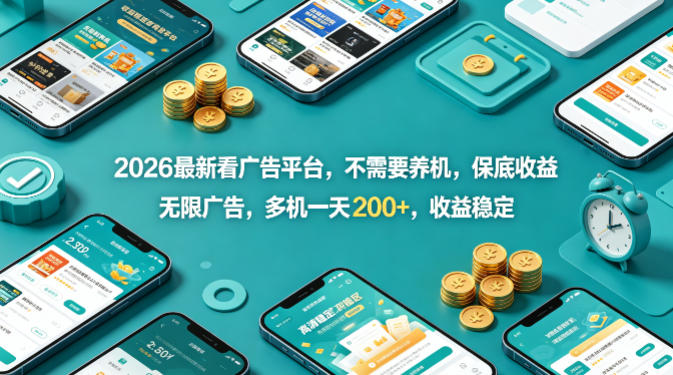 2026最新看广告平台，不需要养机，保底收益，无限广告，多机一天200+，收益稳定【揭秘】-第一资源库