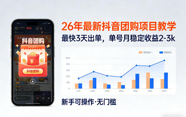 26年最新抖音团购项目教学,0门槛,最快3天出单,单号月稳定收益2-3k(更新3月19日)
