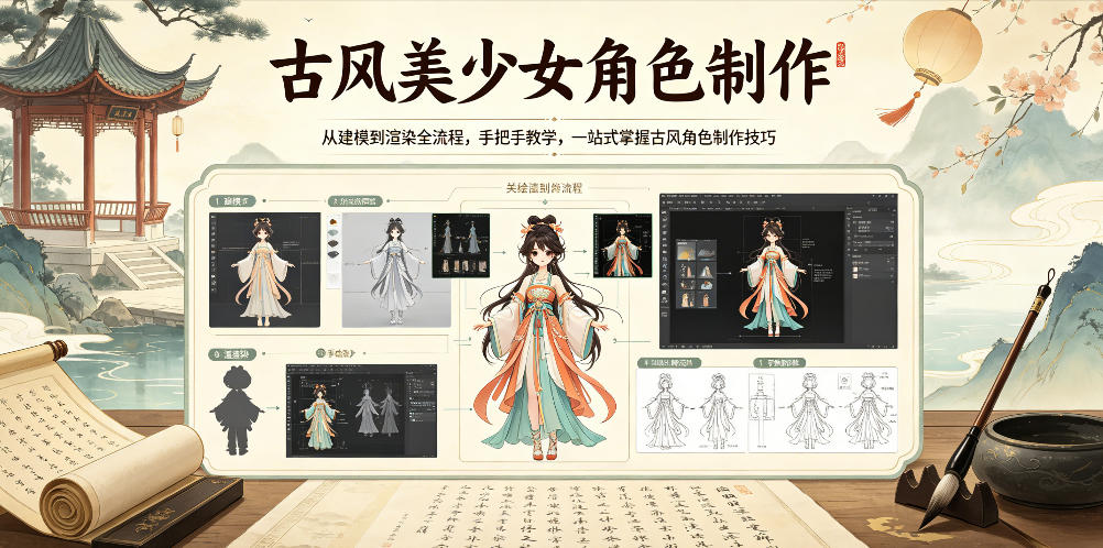 古风美少女角色制作，从建模到渲染全流程，手把手教学，一站式掌握古风角色制作技巧-第一资源库
