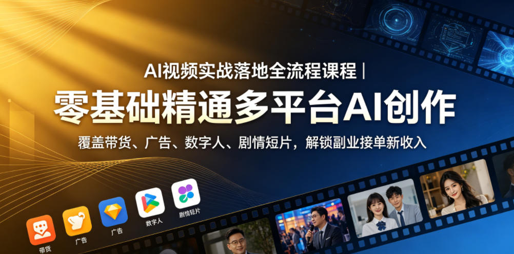 AI视频实战落地全流程课程｜零基础精通多平台AI创作，覆盖带货、广告、数字人、剧情短片，解锁副业接单新收入-第一资源库