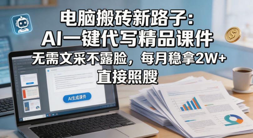 电脑搬砖新路子：AI一键代写精品课件，无需文采不露脸，每月稳拿2W+，直接照搬-第一资源库
