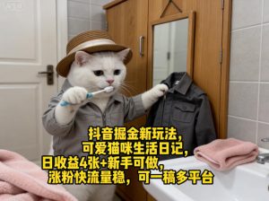 抖音掘金新玩法,可爱猫咪生活日记,日收益4张+新手可做,涨粉快流量稳,可一稿多平台-第一资源库