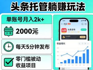 头条托管躺賺玩法，单账号月入2k+，每天5分钟发布即可，零门槛被动收益项目【揭秘】-第一资源库