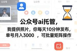 公众号ai托管，我提供照片，你每天10分钟发布，单号月入3000＋，可批量矩阵操作【揭秘】-第一资源库