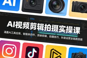 AI视频剪辑拍摄实操课,涵盖AI工具应用、智能体创作、剪映剪辑、拍摄技巧、抖音运营等全链路技能-第一资源库