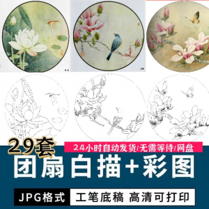 工笔花鸟白描国画团扇线描底稿彩图临摹参考电子版高清图片素材库-第一资源库